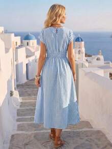 Faunlyn Vestido casual largo de manga corta con cuello redondo de murciélago y rayas de verano para mujer - Azul y blanco - Ver 2