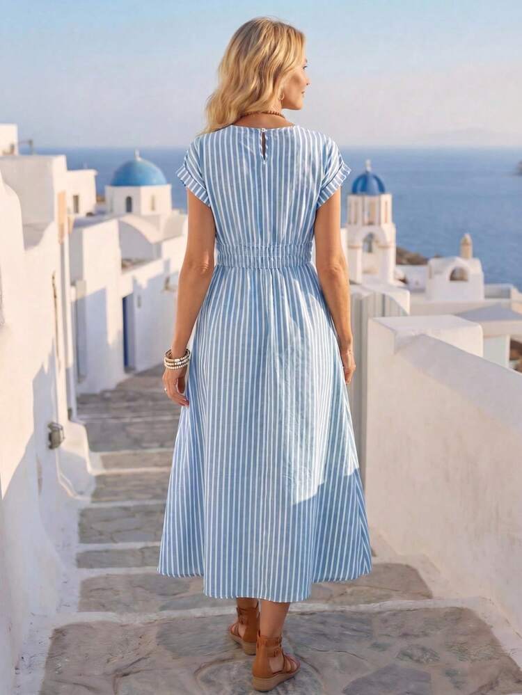 Women's Summer Striped Round Neck Batwing Short Sleeve Casual Long Dress