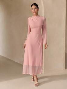 Graceveil Women's French Style Dusty Pink Mesh Maxi Dress, High Neck Flare Sleeve Slim-Fit Long Formal Evening Gown Tea Party Autumn Modest - Pink - View 9