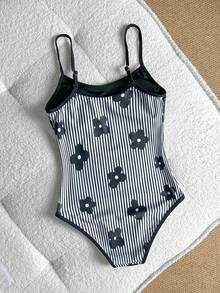 SHEIN Traje de baño de una pieza con estampado floral y de rayas para niña preadolescente - Blanco y Negro - Ver 2