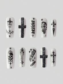 ROMWE Goth 10 Pieces Of Punk-Style Black Metal Cross, Skull Fake Nail Piece, Dark High-Quality Handmade Custom Manicure, Suitable For Daily, Date Wear - Black and white pattern - View 2