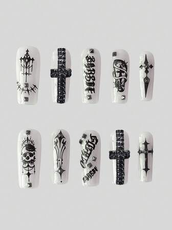 Goth 10 Stücke Punk-Stil schwarzes Metall Kreuz, Totenkopf Fake Nagelteil, hochwertige handgefertigte Dunkel-Maniküre, geeignet für Alltag, Dates