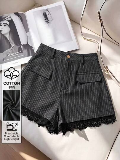 Selenza Quần short nữ mùa hè kiểu dáng thường ngày, kẻ sọc, phối ren.
