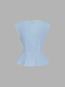 SHEIN MOD 女士纯色V领纽扣设计休闲衬衫 - 藍色 - 查看 3