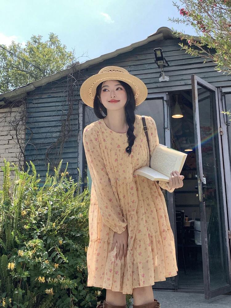 Women's Floral Print Long Sleeve Chiffon Casual Mini Dress, Korean Style, Spring/Summer