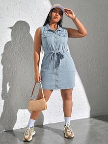SHEIN EZwear Plus Size Women Sleeveless Short Denim Dress Light Blue Autumn Casual Formal Traditional - Light Wash - View 6