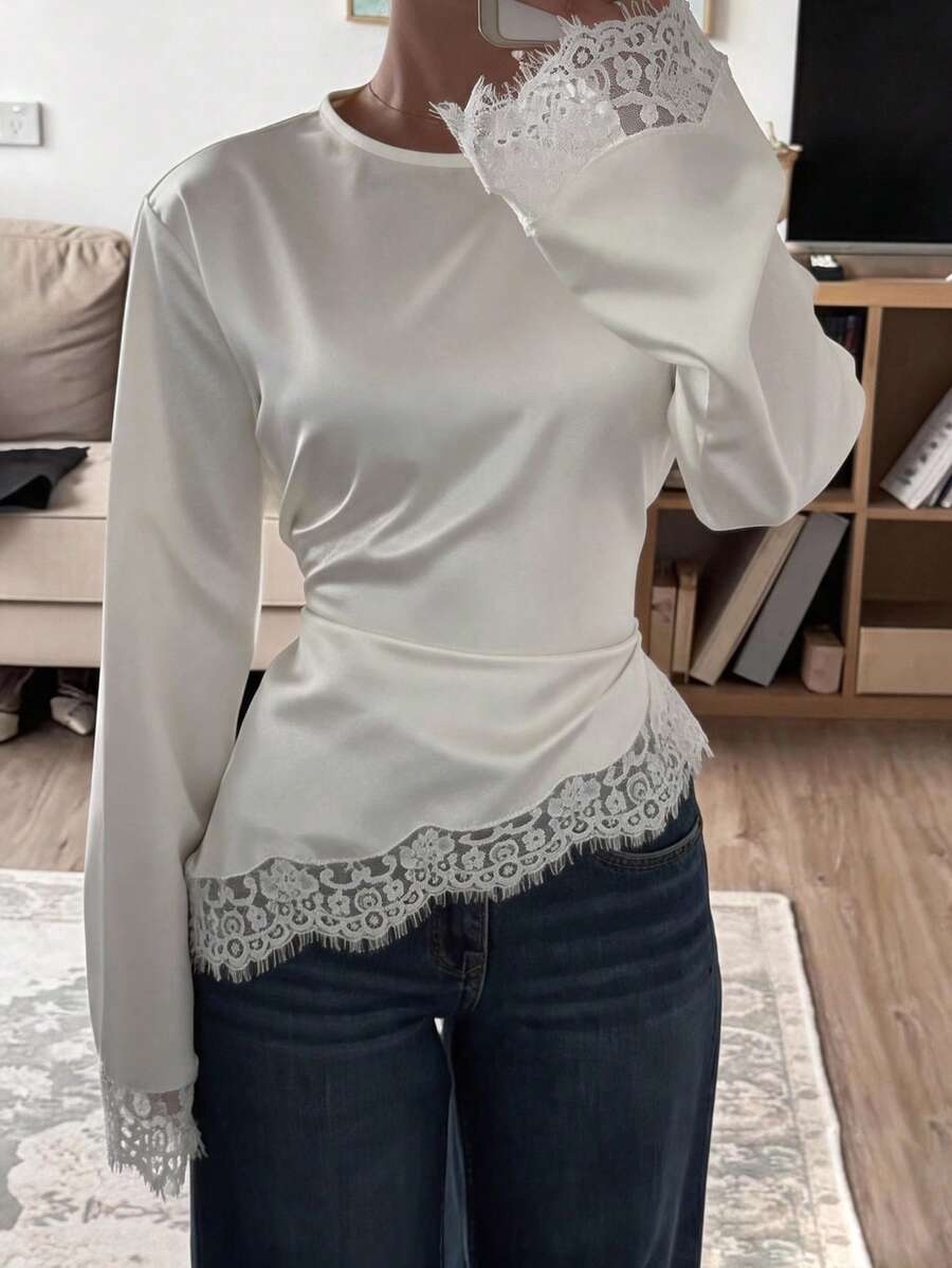 DAZY Áo sơ mi nữ phối ren, kiểu dáng thường ngày, đa năng. - trắng - Xem 1
