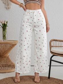 SHEIN Holidaya 女士碎花高腰阔腿休闲牛仔裤 - 彩色 - 查看 5