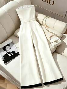 GlowEve CURVE Plus Size Strapless Waist Belt Straight Jumpsuit Evening Formal Black And White Summer Elegant - White - View 2