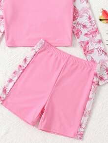SHEIN Set Baju Renang Atasan dan Celana Pendek Lengan Raglan Motif Tanaman Tropis untuk Remaja Perempuan - Berwarna merah muda - View 5