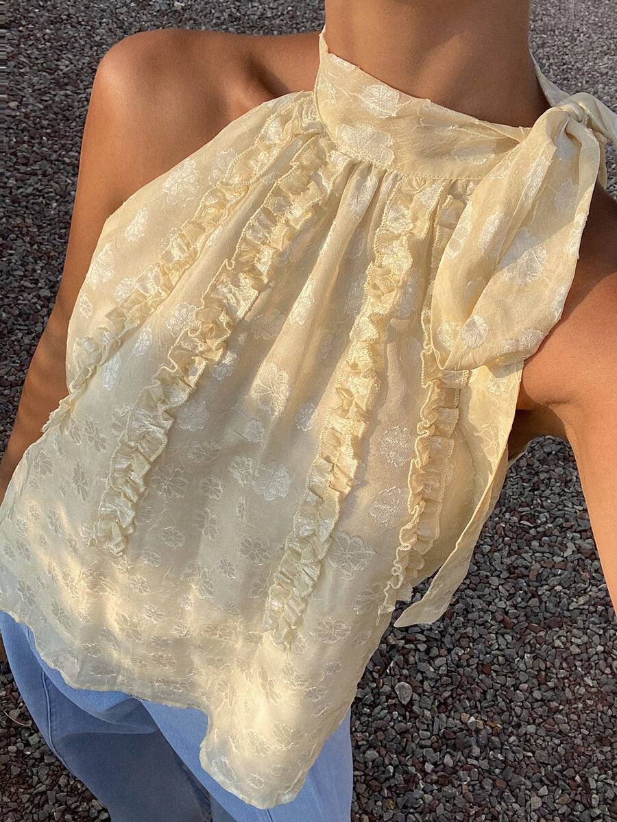 Livesso Camiseta sin mangas de mujer con cuello de lazo, lunares y volantes en el borde - Beis - Ver 1