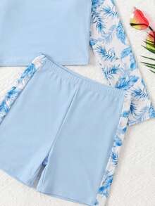 SHEIN 少女插肩袖热带植物印花上衣和短裤泳装套装 - 淺藍色 - 查看 4
