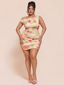 SHEIN BAE Plus Size Women's Pink Floral Print Asymmetrical Shoulder Ruched Mini Dress,Elegant Summer Curve Cocktail Bodycon Sleeveless One Shoulder Chic Party - Multicolor - View 2