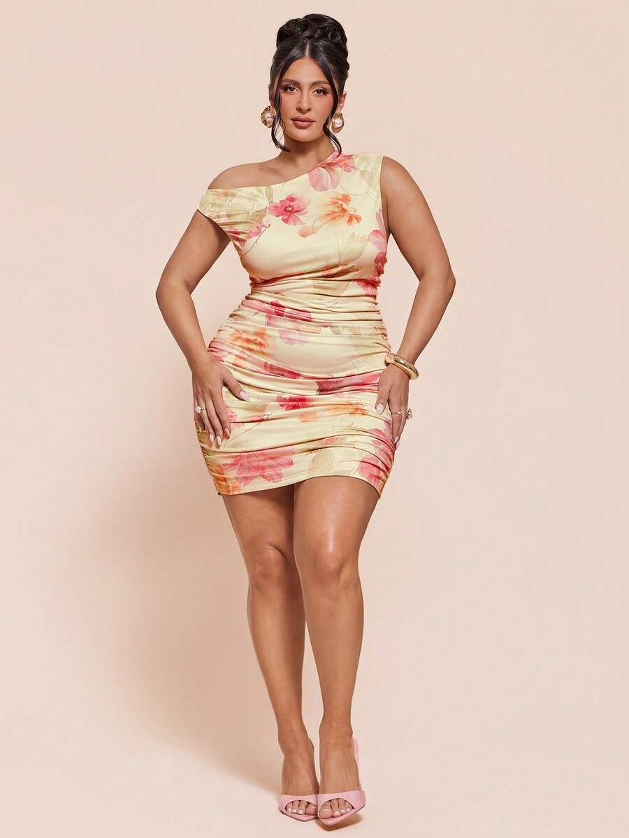 SHEIN BAE Plus Size Women's Pink Floral Print Asymmetrical Shoulder Ruched Mini Dress,Elegant Summer Curve Cocktail Bodycon Sleeveless One Shoulder Chic Party