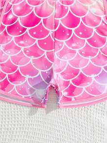 SHEIN GraphicGems Tween Girl 2 Pieces Pink Mermaid Fish Scale Print Rash Guard Set,Cute Summer Half-Zip Front Swim Shirt And Shorts Swimwear For Beach,Pool,Holiday - Pink - View 4