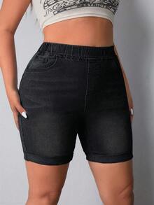 Slaydiva Plus Size Women Pocketed Denim Shorts, Fashionable & Versatile - Black - View 6