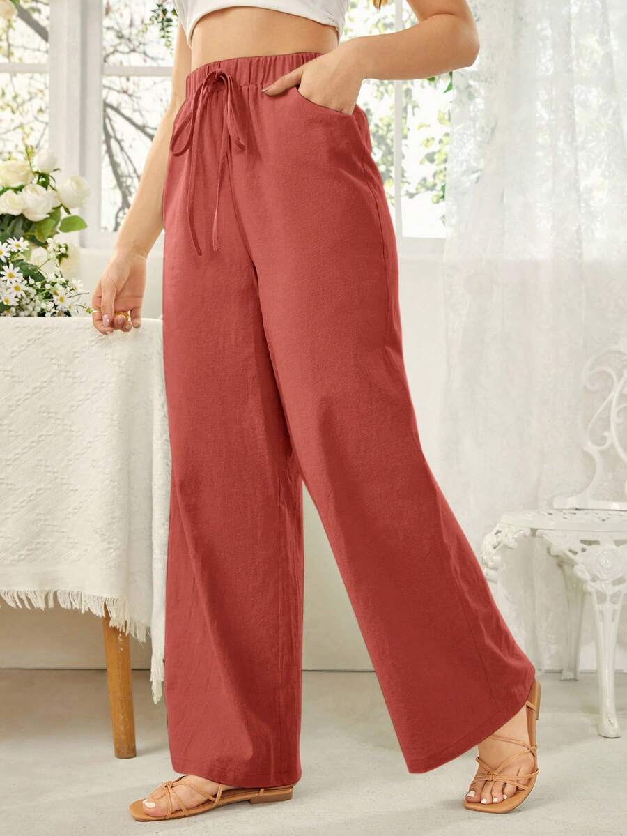 SHEIN Essnce 女士时尚百搭纹理腰带抽绳口袋休闲裤 - 紅木色 - 查看 1