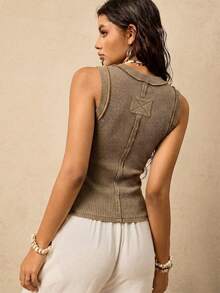 Easelle Camiseta sin mangas de mujer de estilo vintage nómada con costillas huecas en color marrón oxidado, top marrón, vestido con botones, top acanalado, top marrón claro - Óxido marrón - Ver 2