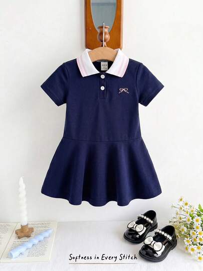 Souflis Souflis Váy cổ polo thêu nơ thường ngày cho bé gái, mùa hè
