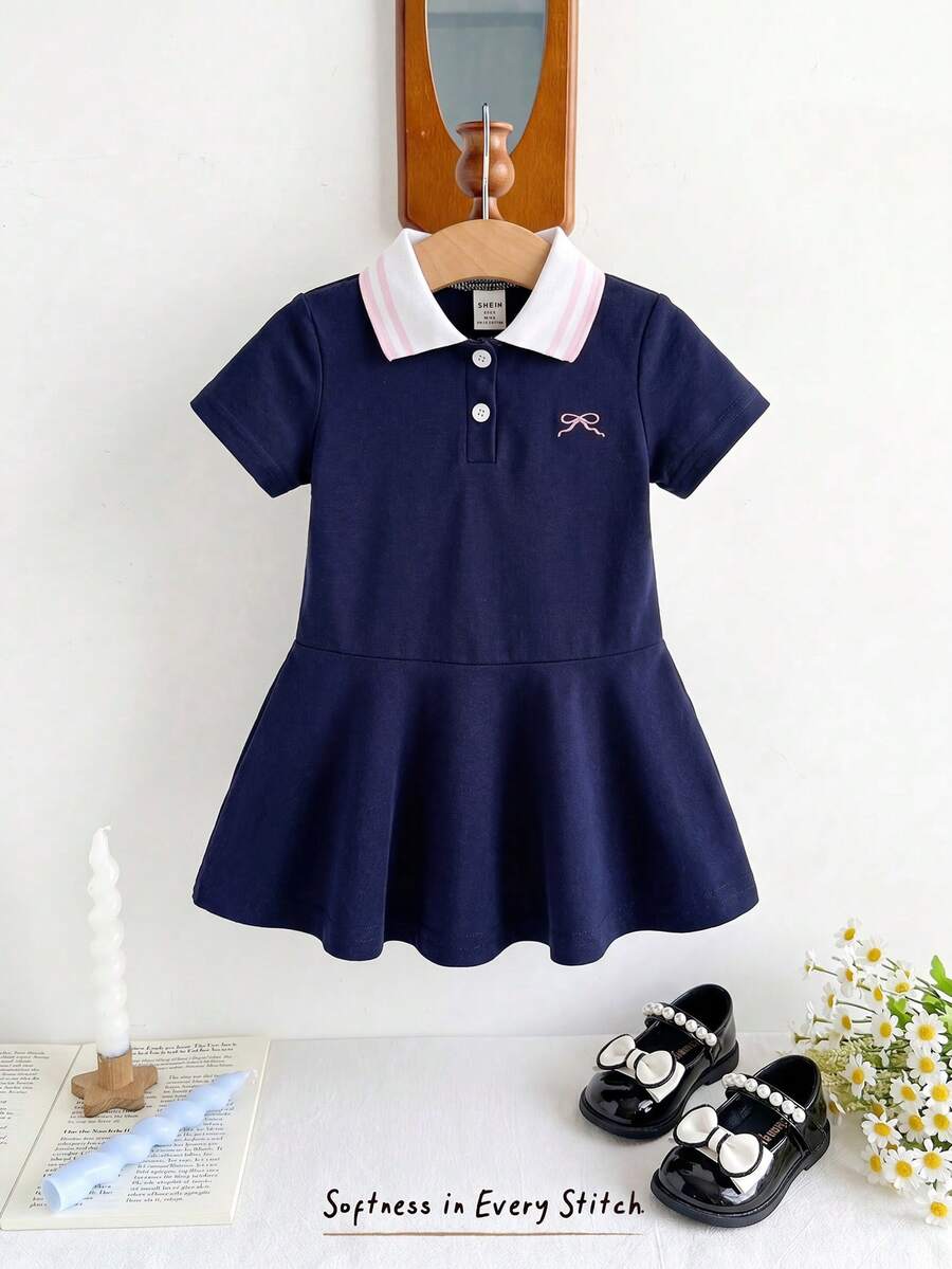 Souflis Souflis Vestido de polo con cuello, casual, de bebé niña, con bordado de lazo, para verano - azul real - Ver 1