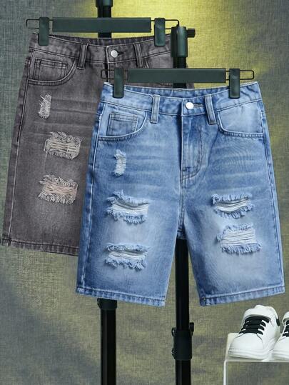 SHEIN 两件套青少年男童时尚返校街头风混搭百搭设计 Y2K 复古酷炫街头宽松舒适蓝灰色镂空破洞毛边阔腿牛仔短裤套装，适合儿童日常穿着，也适合春夏派对、节日和街头服饰。