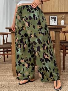 SHEIN CURVE+ 大码女式抽绳腰带印花休闲百搭阔腿裤 - 黑與白 - 查看 7