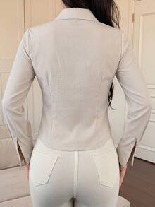 DAZY 女士条纹长袖单排扣休闲通勤衬衫 - 卡其色 - 查看 2
