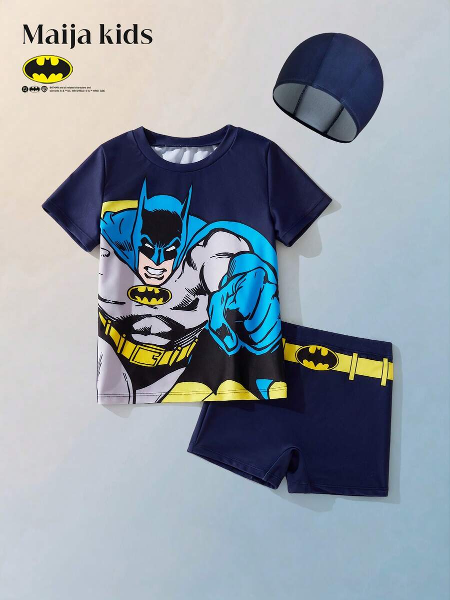 BATMAN X SHEIN Maija Kids طقم ملابس سباحة بأكمام قصيرة للأولاد الصغار، موسم الربيع/الصيف - الأزرق - مشاهدة 1