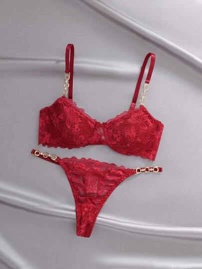 2pcs Lace Decor Chain Band Underwire Brassiere And Thong Panty Lingerie Set For Women, Lingerie For Women,Sexy,Valentine's Day,Wedding