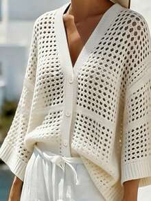 EMERY ROSE V-Neck Sleeveless Hollow Mesh Single-Breasted Loose Casual Women Thin Cardigan - Beige - View 4