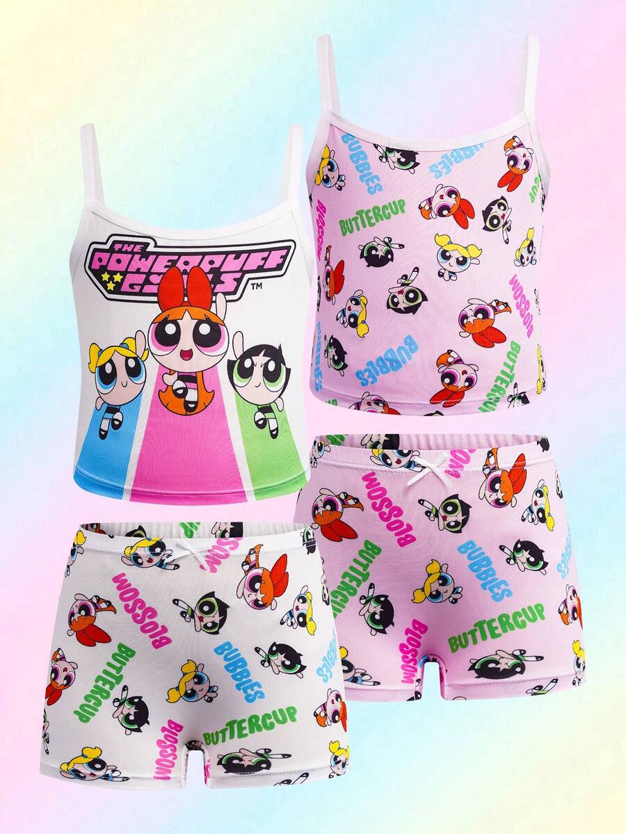 THE POWERPUFF GIRLS X SHEIN 两套少女卡通印花吊带背心和短裤内衣套装 - 粉色 - 查看 1