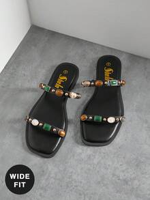 SHUZIA 宽楦 Vacation Glam 女士方头多宝石装饰纯素皮革黑色双带凉拖鞋 – 艺术感十足，色彩缤纷，适合度假穿着。 - 黑色 - 查看 3