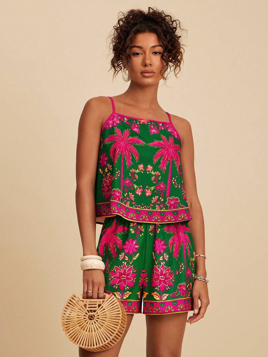 Travachic Conjunto de 2 piezas de chaleco y shorts de gasa con estampado para mujer, ideal para vacaciones de primavera/verano - Multicolor - Ver 1