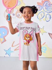 SHEIN | PAW Patrol 女童条纹圆领短袖可爱连衣裙 - 粉色 - 查看 4