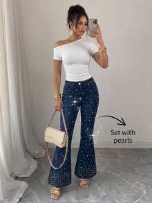 Elenzga Quần jeans ống loe thanh lịch dành cho nữ, trang trí bằng ngọc trai giả. - Màu xanh lam - Xem 8