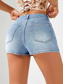 SHEIN Tall Falda pantalón de mezclilla de cintura alta con bolsillos, versátil y casual para mujer - Azul - Ver 2