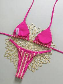 Swim Mod Women's Spring/Summer New Special Fabric Metal Decor V-Neck Halter Backless Triangle Top & Bikini Bottom Two Pieces Swimwear - Hot Pink - View 2