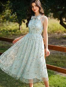 Vintamour Vintage Elegant Women's Dress Floral Embroidery Mesh Bow Tie Casual Holiday Dress Summer Dresses For Women Summer Holiday Outfits Spring Outfit Women Spring Dress Women Spring Clothing Spring Break Outfits Spring Clothes Women Elegant Dresses For Party Elegant Party Dresses For Women Wedding Guest Dress For Women Wedding Party Dress Graduation Dress Elegant Ceremony Dresses Elegant Dresses For Women Formal Dress - Baby Blue - View 4