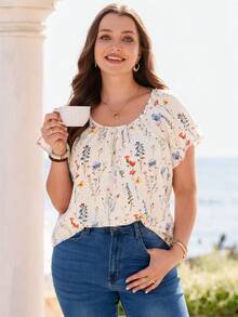 EMERY ROSE Camisa Casual de Manga Curta com Estampa Floral Completa para Mulheres Plus Size, Estilo Boho para Mulheres/Verão, Looks de Férias para Mulheres - Multicolorido - Visão 5