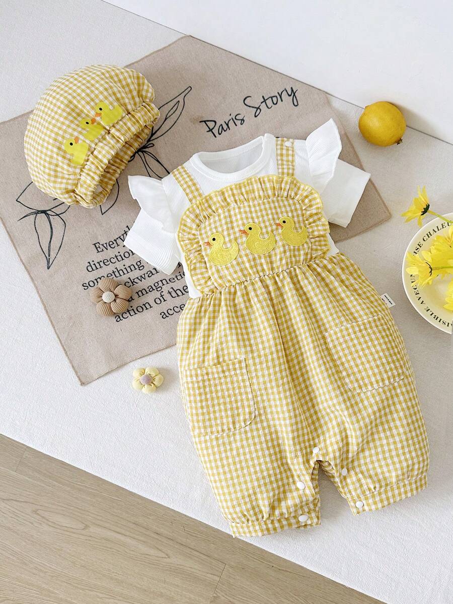 SHEIN Playful Pals Bộ đồ liền thân và mũ tay bèo nhún thêu hoa 3D dễ thương cho bé gái, thích hợp cho mùa hè. - Màu vàng - Xem 1
