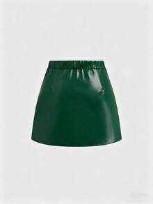Sweetra Plus Size Slit Pleated PU Mini A-Line Skirt, Bodycon Flattering - Dark Green - View 2