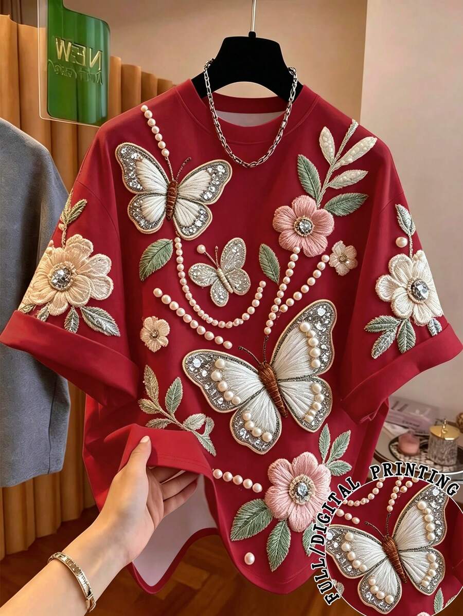 Franclia 大码女式优雅蝴蝶花卉刺绣仿珍珠装饰宽松T恤,度假风 - 酒紅色 - 查看 1