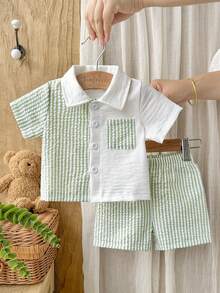 SHEIN Vintaside Kids 2件套新生男婴休闲条纹短袖衬衫和短裤套装，适合春夏季节各种场合，如生日派对、宴会、表演、婚礼、婴儿派对、婚礼宾客、花童等。 - 綠色 - 查看 5