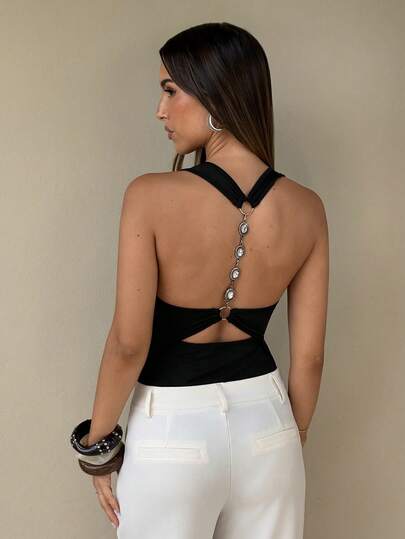 Aloruh Women's Elegant Sexy Y2K Black Bodysuit, Chain Decor Knit Bodysuit For Commute, Music Festival, Party