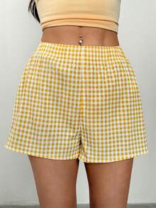 SHEIN PETITE Quần short kẻ caro dáng casual, tối giản và thời trang, phù hợp mặc hàng ngày. - Màu vàng - Xem 6