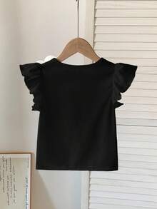 SHEIN Kaos Anak Perempuan Elegan dengan Hiasan Manik-Manik Bunga 3D, Musim Panas - Hitam - View 3
