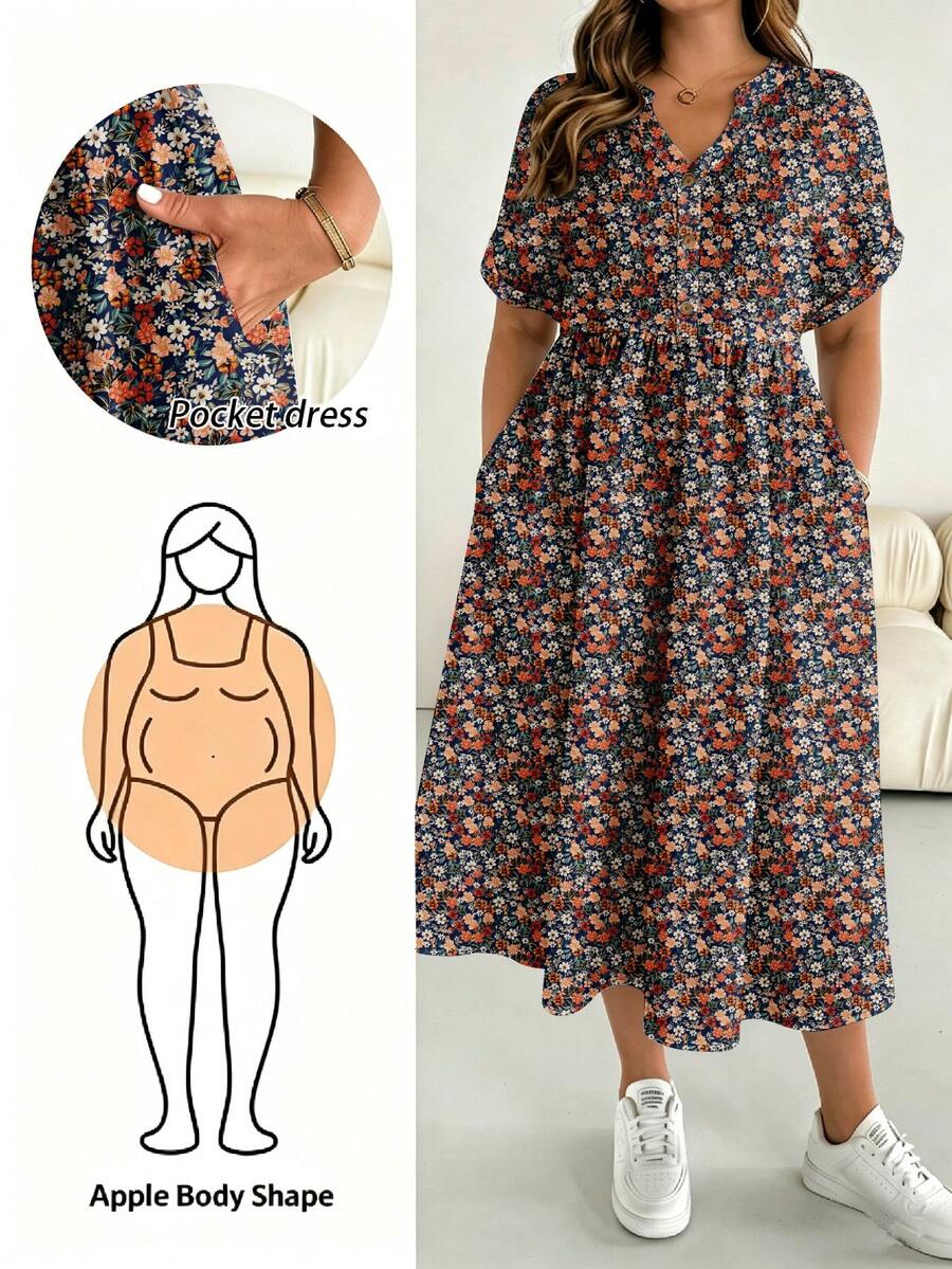 SHEIN Essnce 大码女式V领印花褶皱休闲派对连衣裙 - 彩色 - 查看 1
