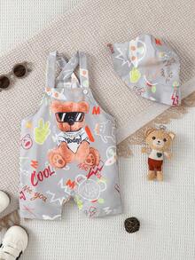 SHEIN Playful Pals Bộ quần áo liền thân kiểu đường phố cho bé trai. Trang phục cho bé sơ sinh, trẻ nhỏ, áo liền quần unisex mùa hè. - Màu Xám nhạt - Xem 3