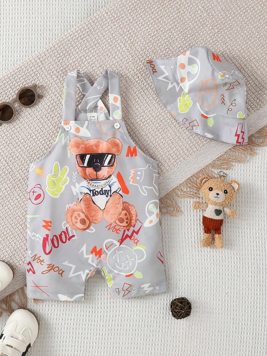 SHEIN Playful Pals Mono de un solo pieza con pantalón corto de estilo urbano para bebé niño. Conjunto de ropa para bebé y niño pequeño, mono unisex de verano