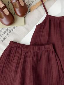 SHEIN LMoss Kids Young Girl Summer Casual Loose Spaghetti Strap Tank Top And Ruffle Hem Shorts 2 Pieces Set - Burgundy - View 5